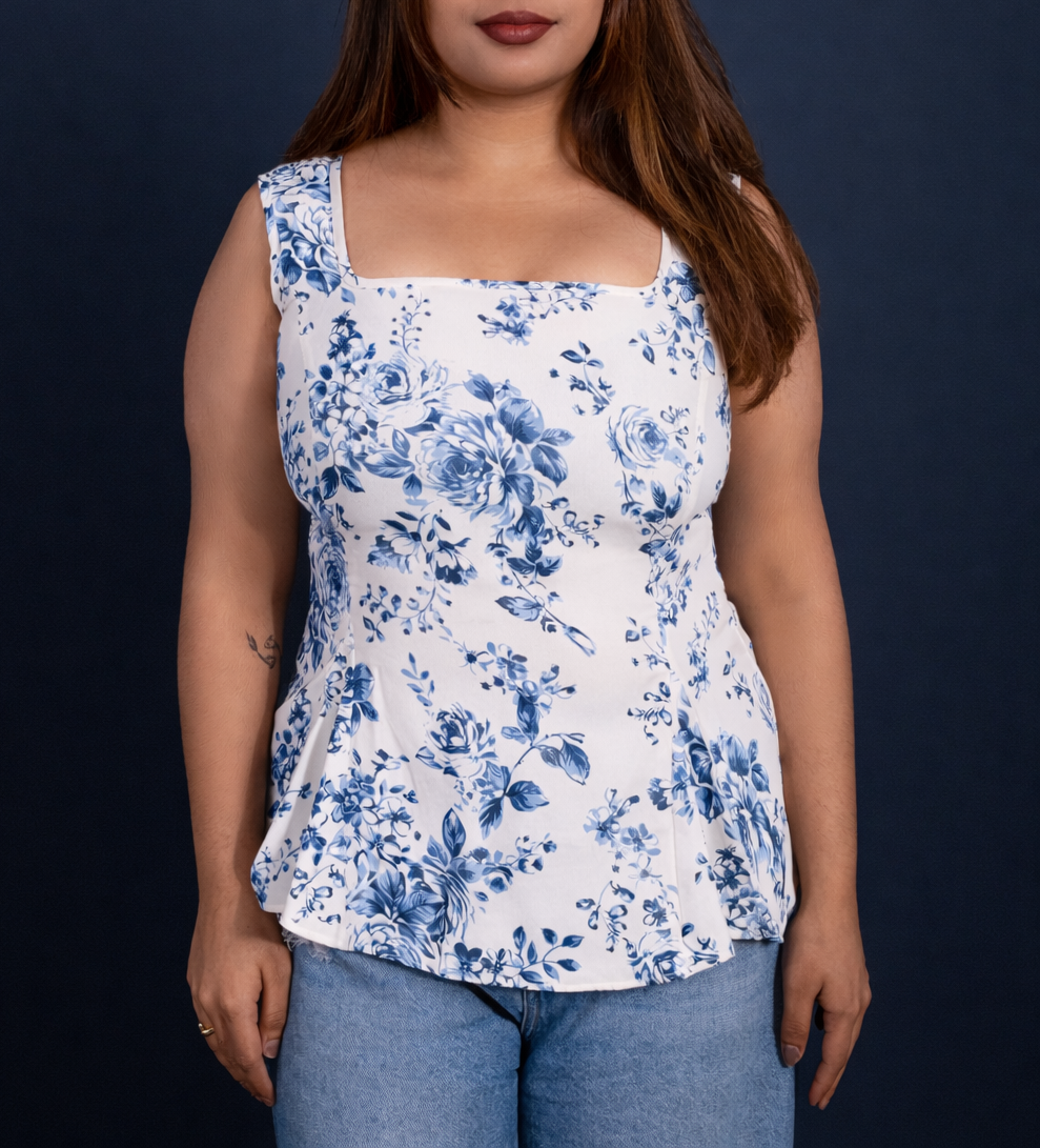 Blue Porcelain Square Neck Peplum Top