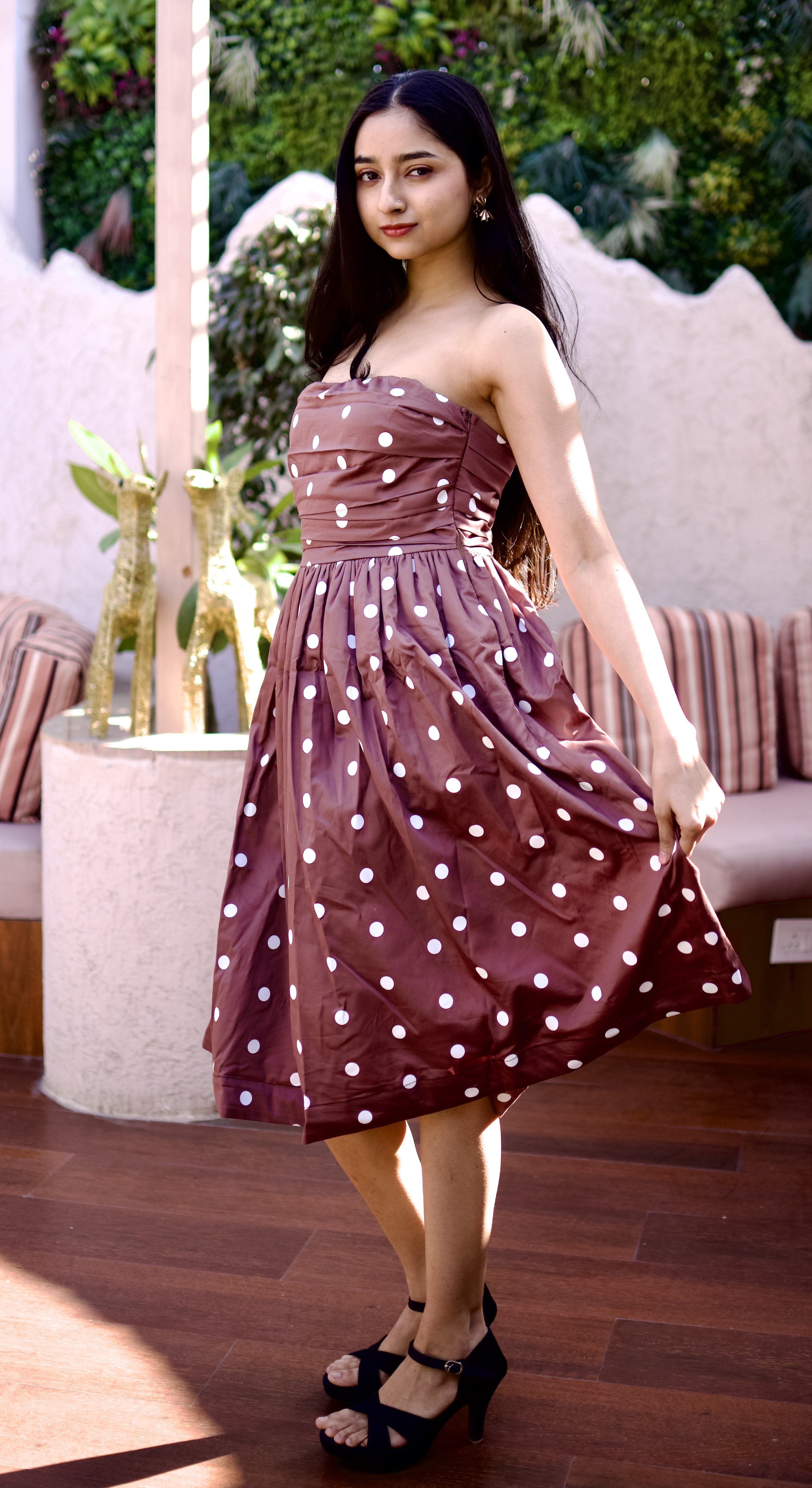 FELICITY Brown Polka Dot Bandeau Midi Dress