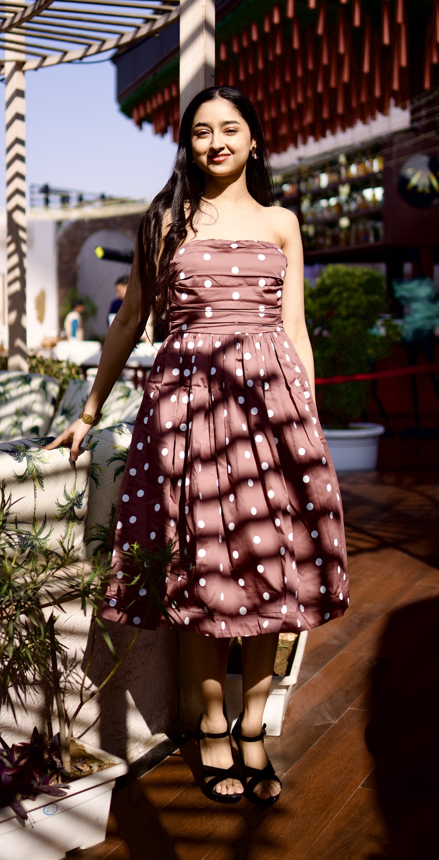 FELICITY Brown Polka Dot Bandeau Midi Dress – Trehbella