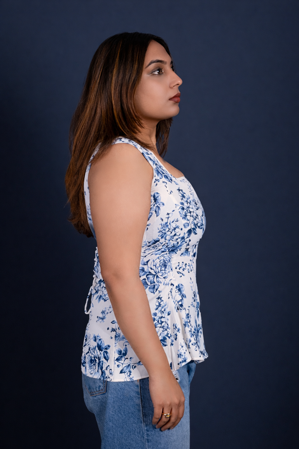 Blue Porcelain Square Neck Peplum Top