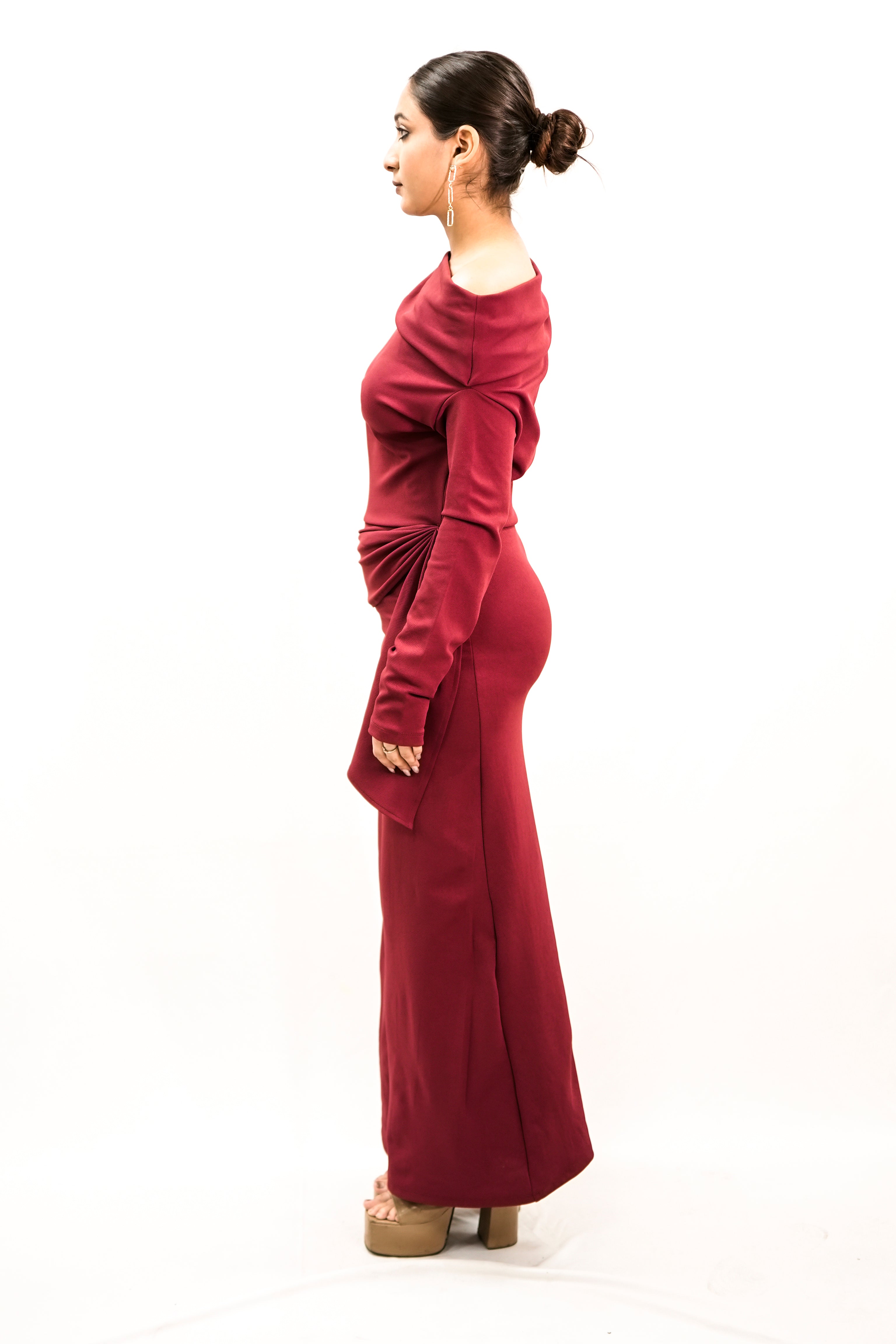 Aurelia Deep Red Off-Shoulder Drape Dress