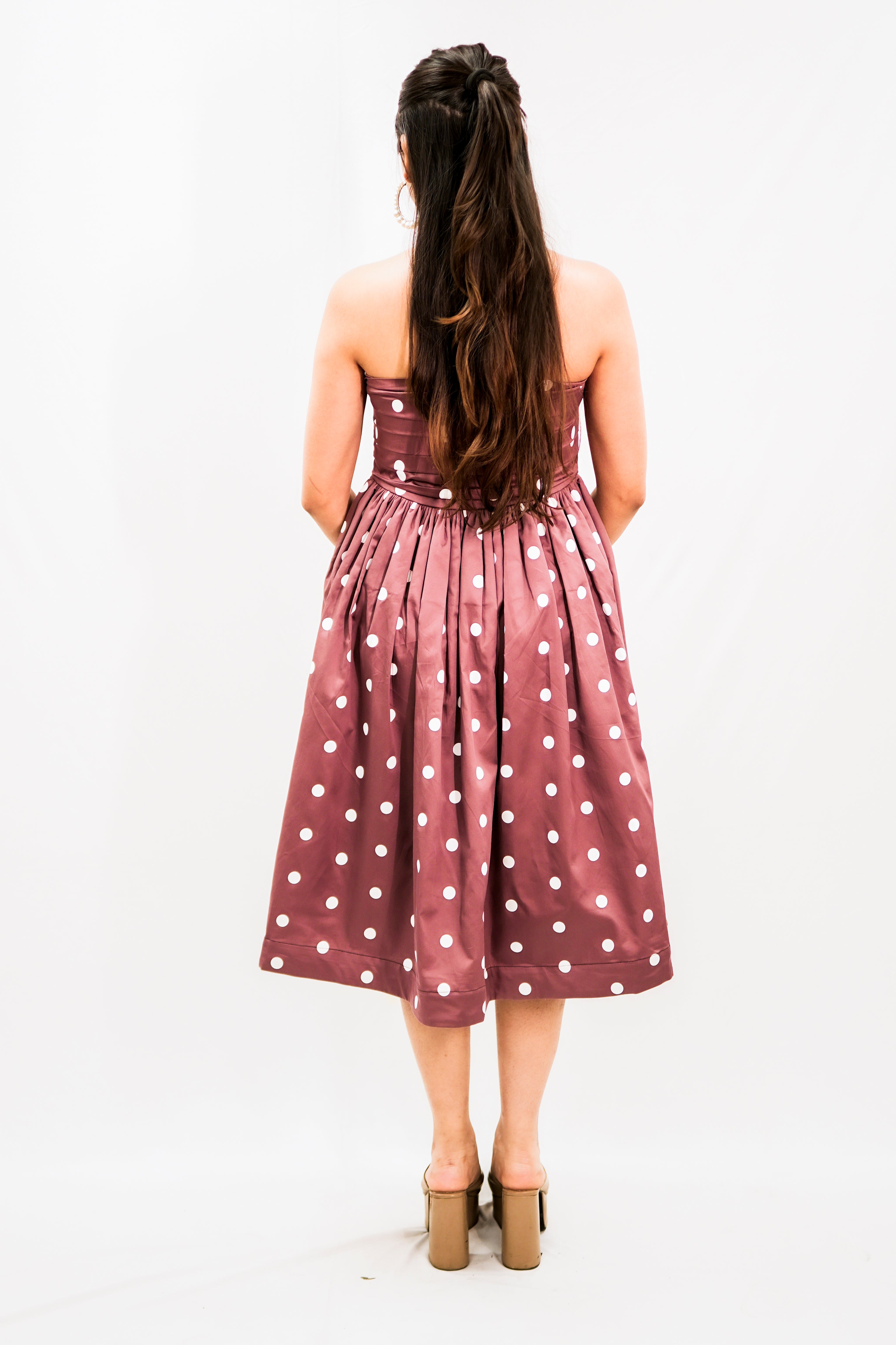 FELICITY Brown Polka Dot Bandeau Midi Dress