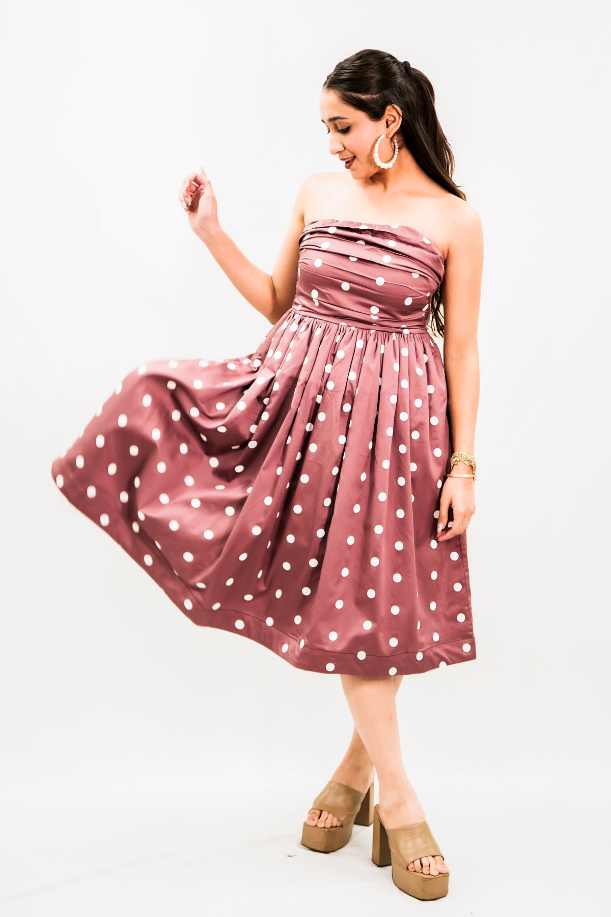 brown polka dot bandeau felicity midi dress FELICITY Brown Polka Dot Bandeau Midi Dress Trehbella