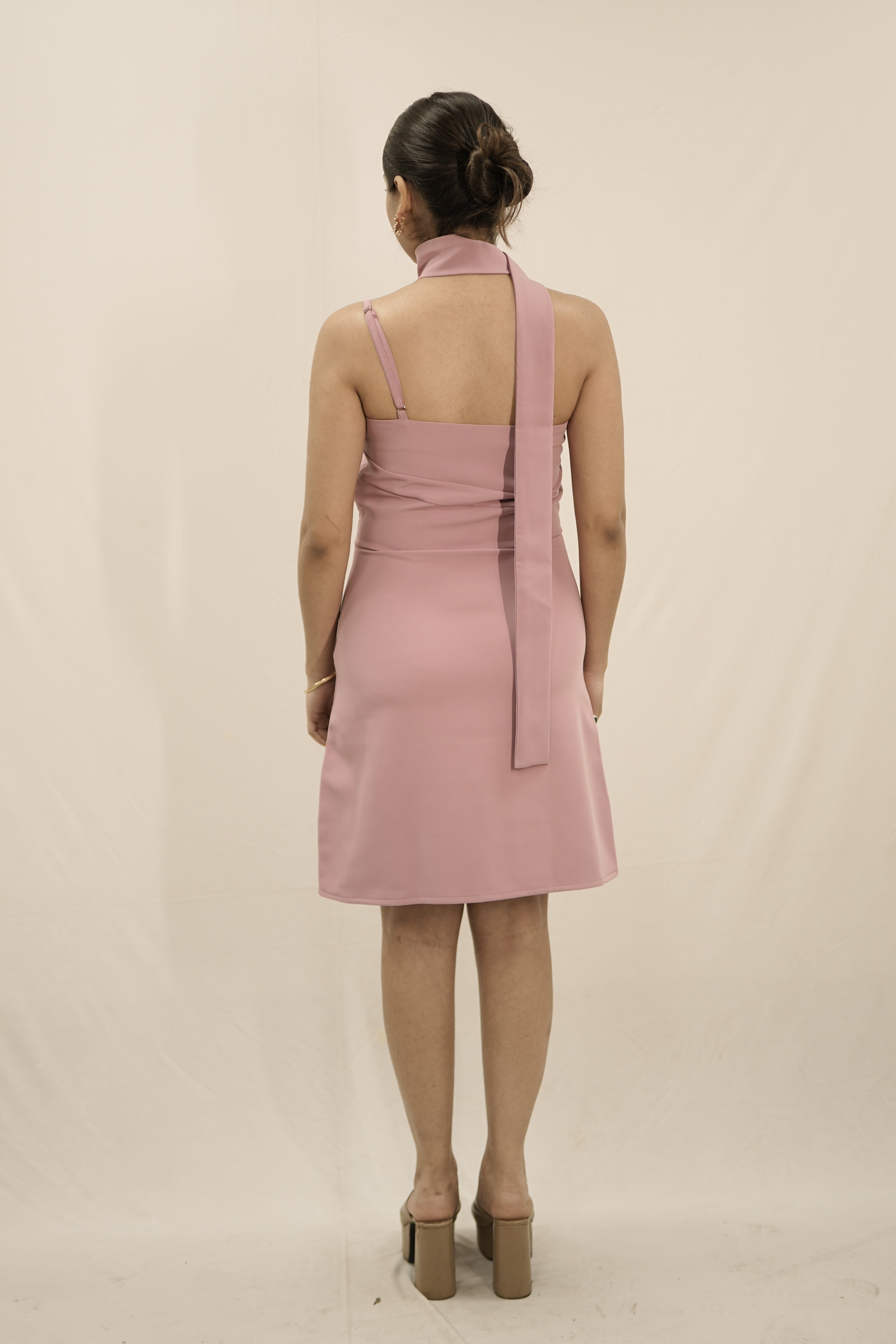 AVA Pink Banana Crepe Draped Halter Midi Dress