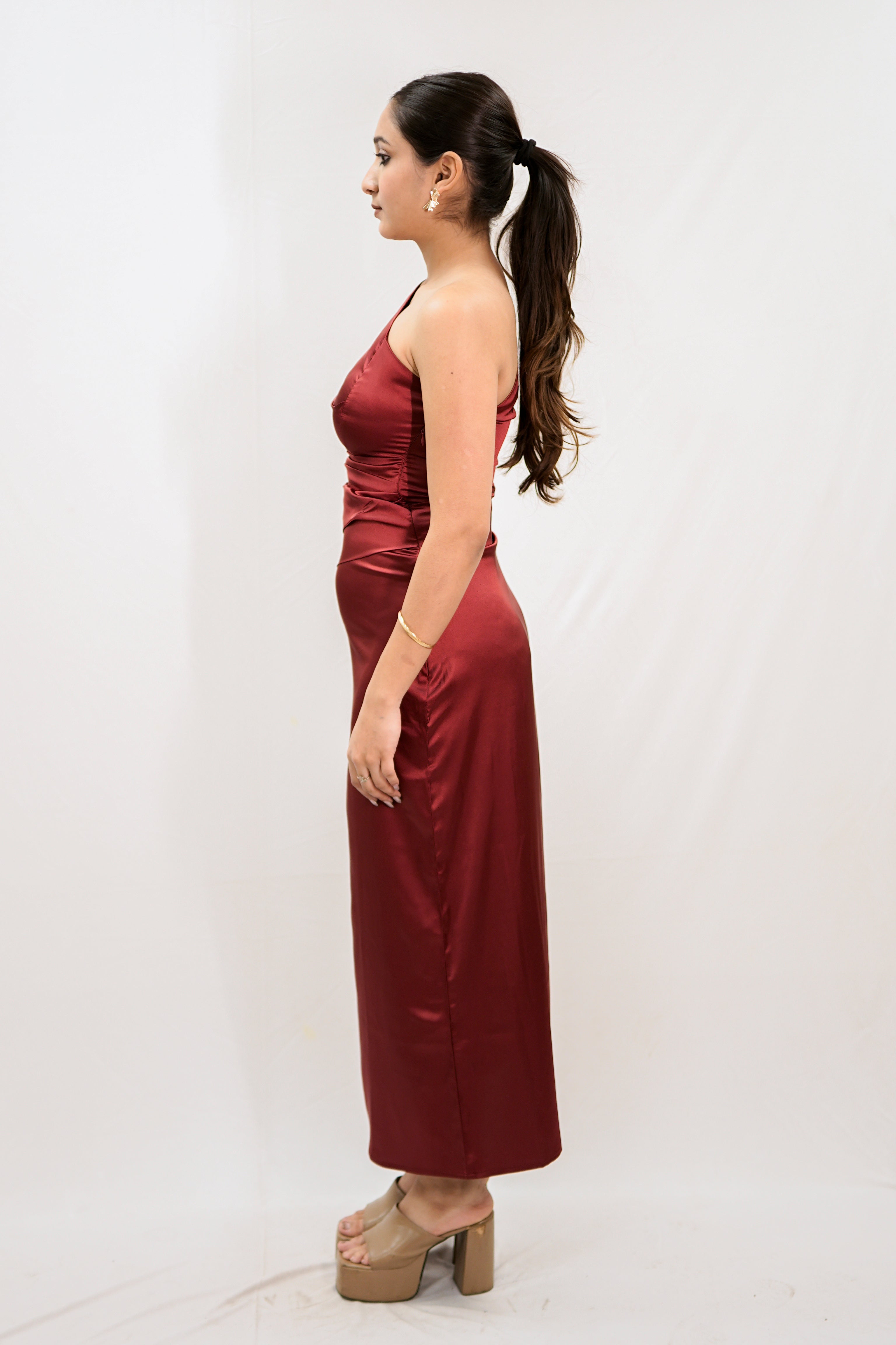 Scarlet Red Satin One-Shoulder Maxi Dress