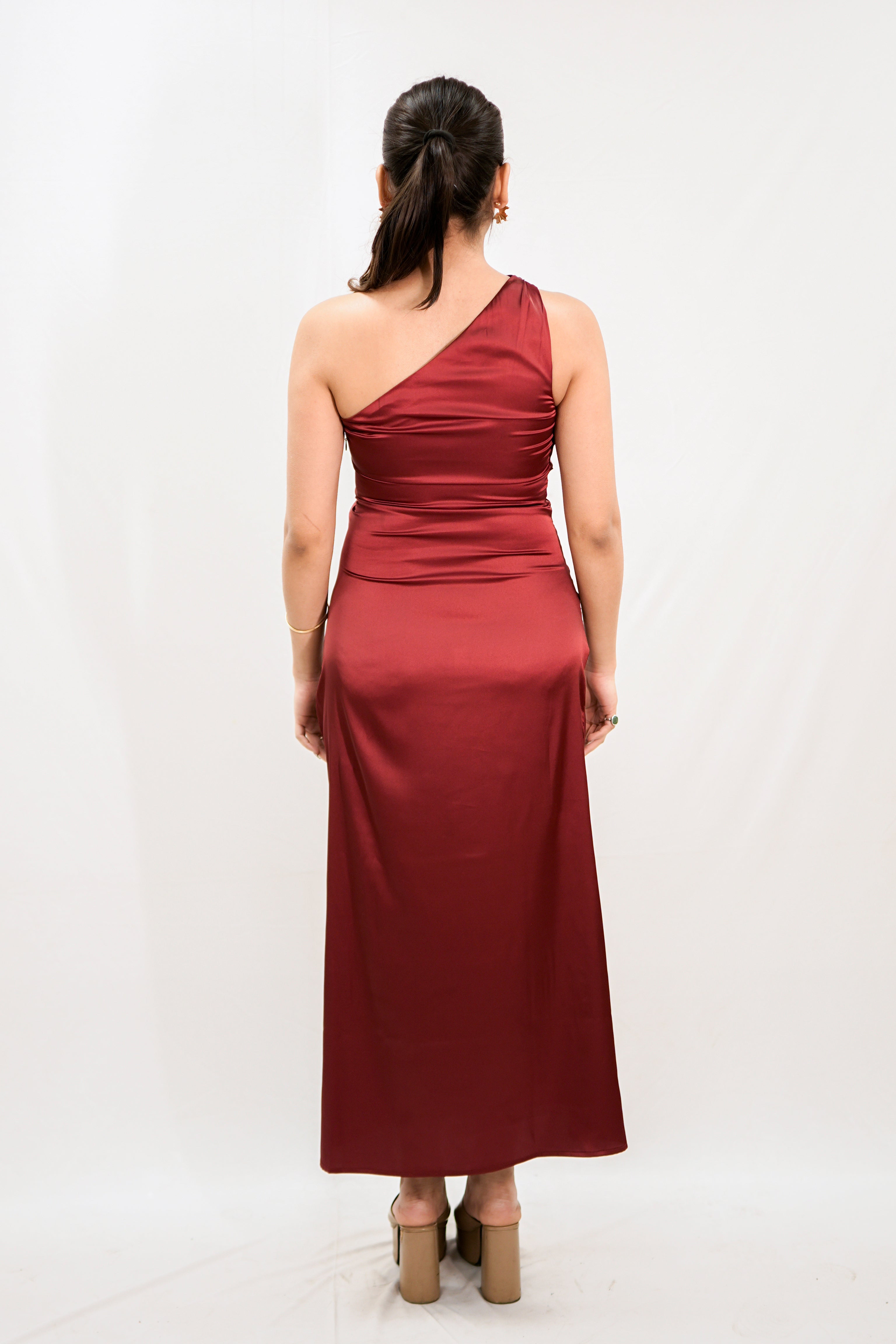 Scarlet Red Satin One-Shoulder Maxi Dress