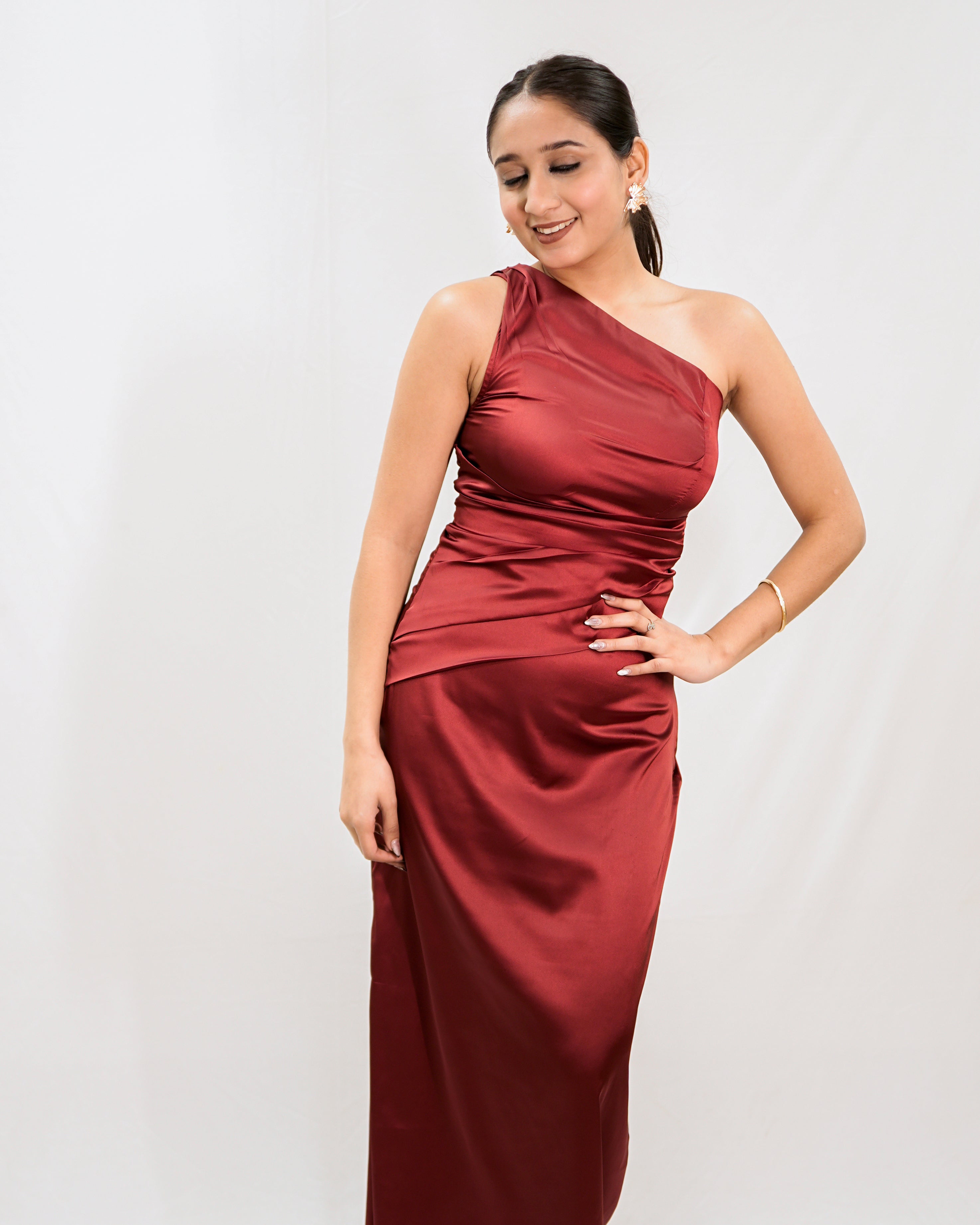 Scarlet Red Satin One-Shoulder Maxi Dress