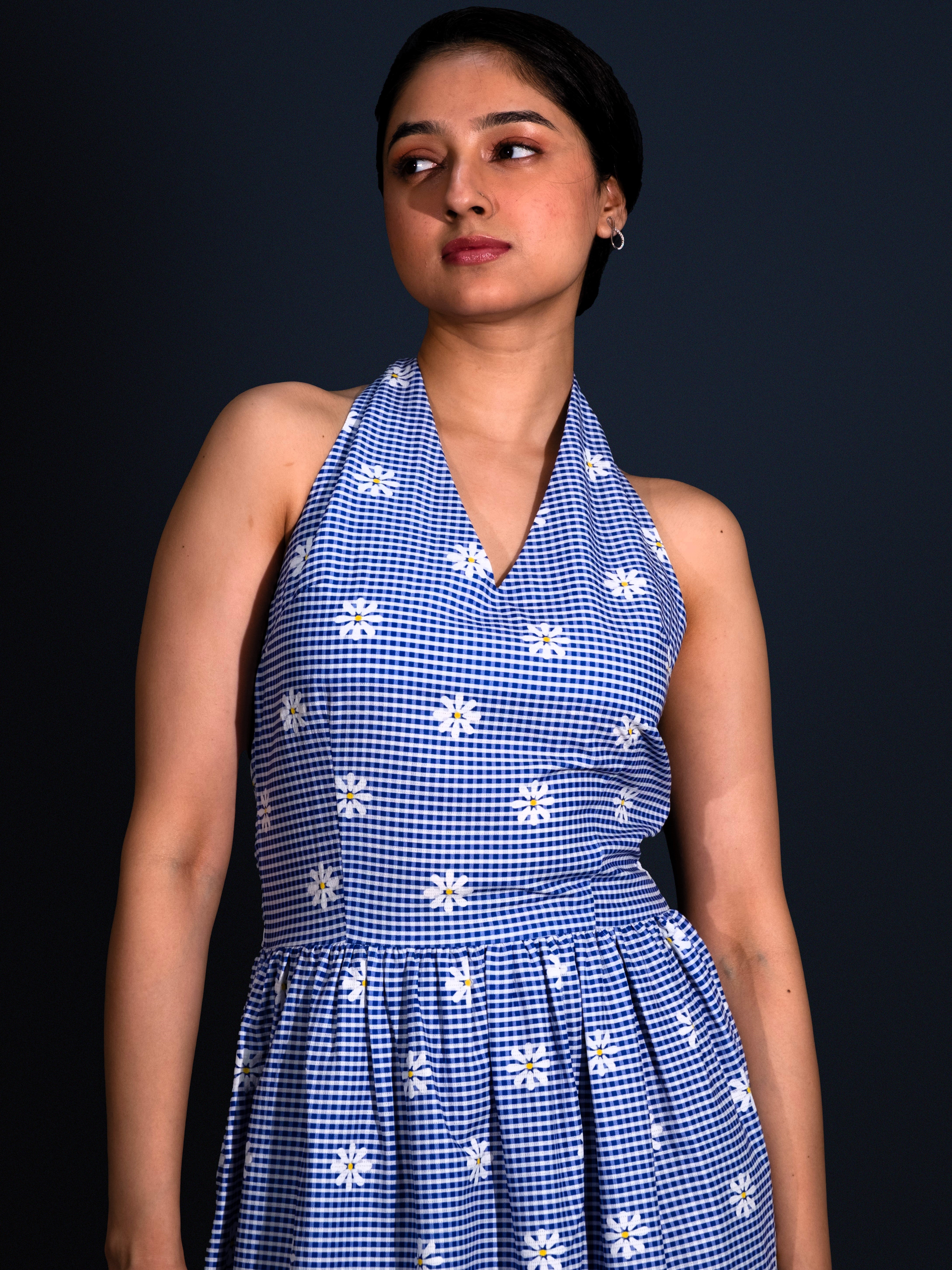 Elara Blue Gingham Midi Dress