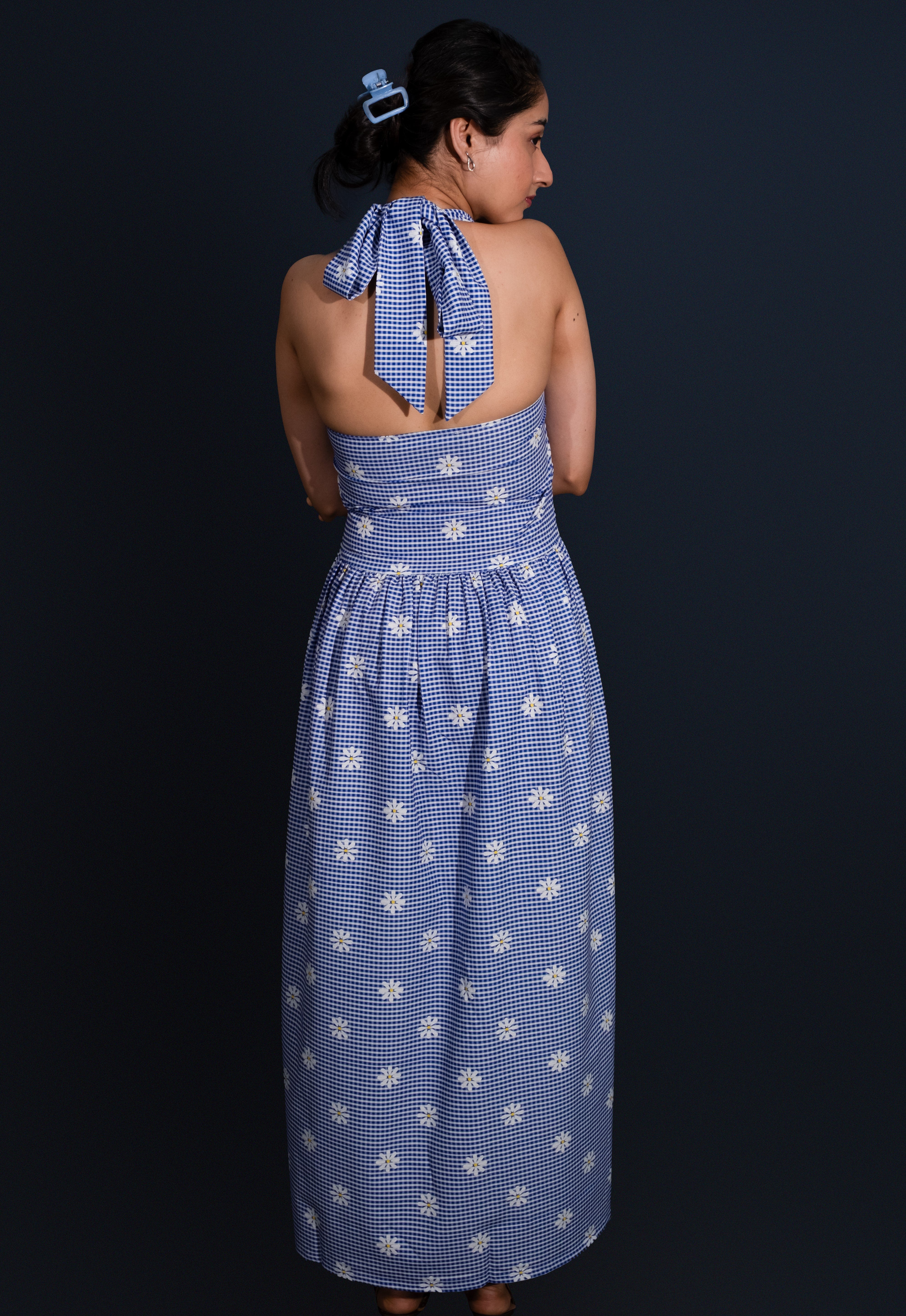 Elara Blue Gingham Midi Dress