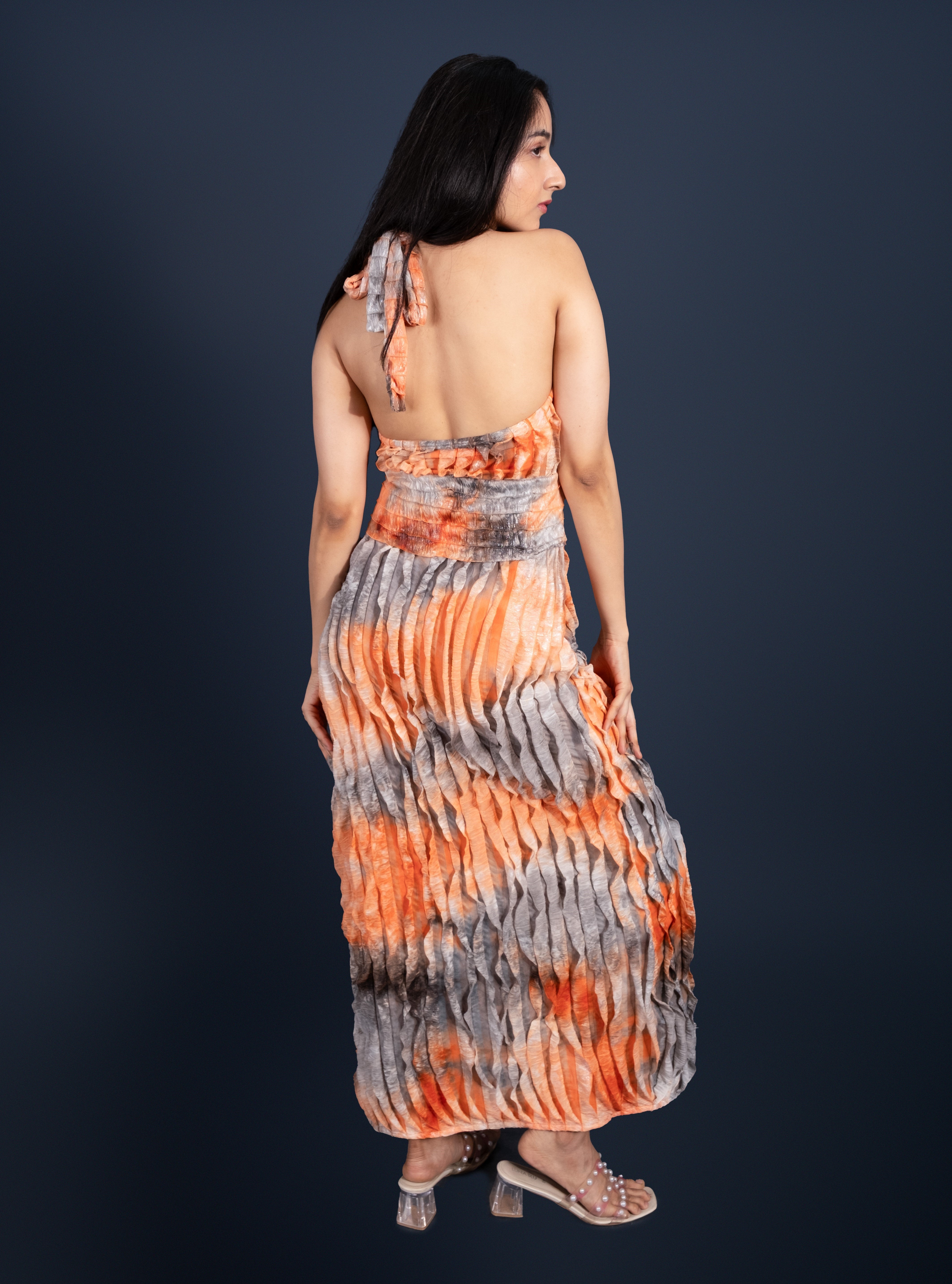 Sienna Sunset Ruffle Drape Midi Dress