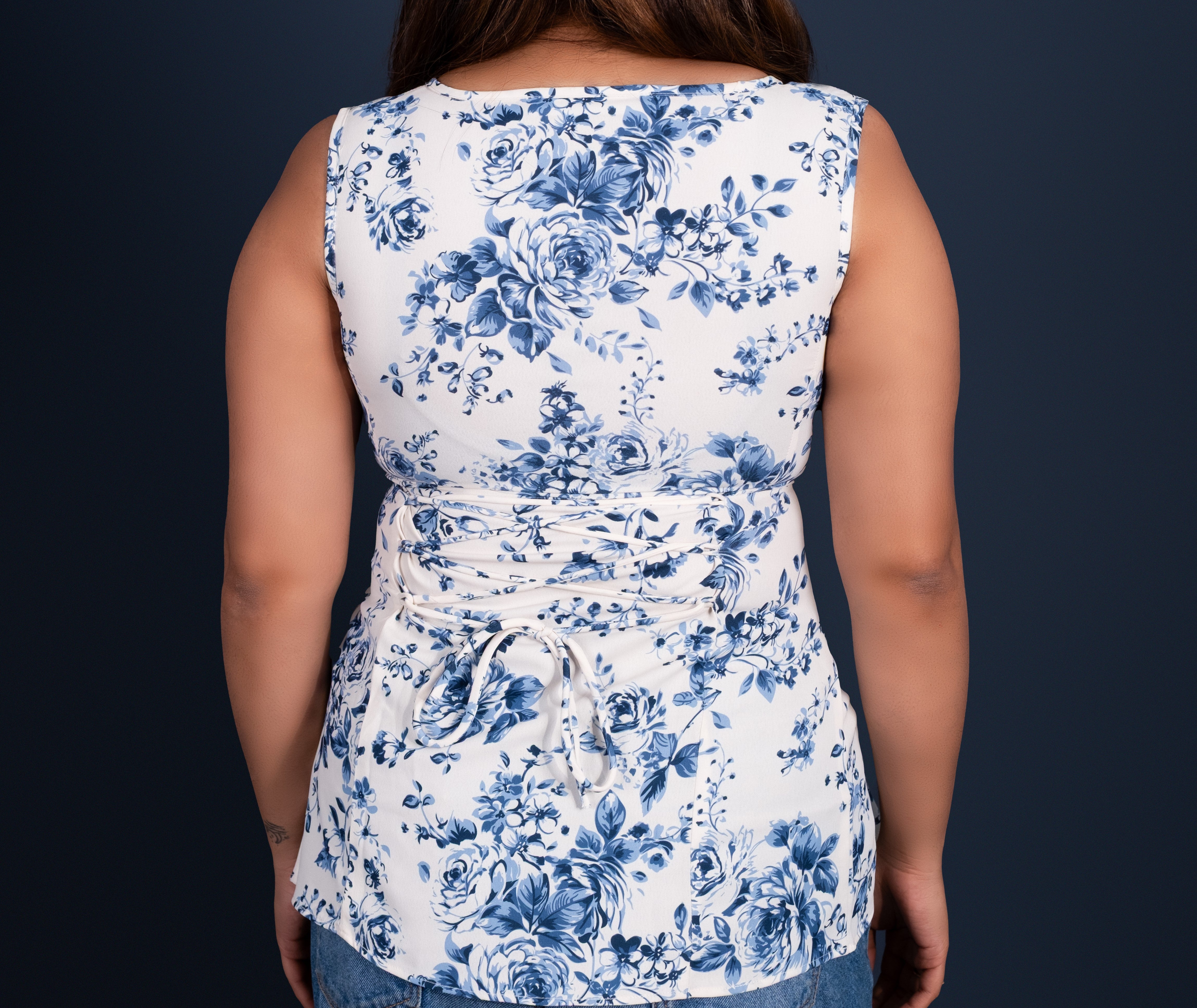 Blue Porcelain Square Neck Peplum Top