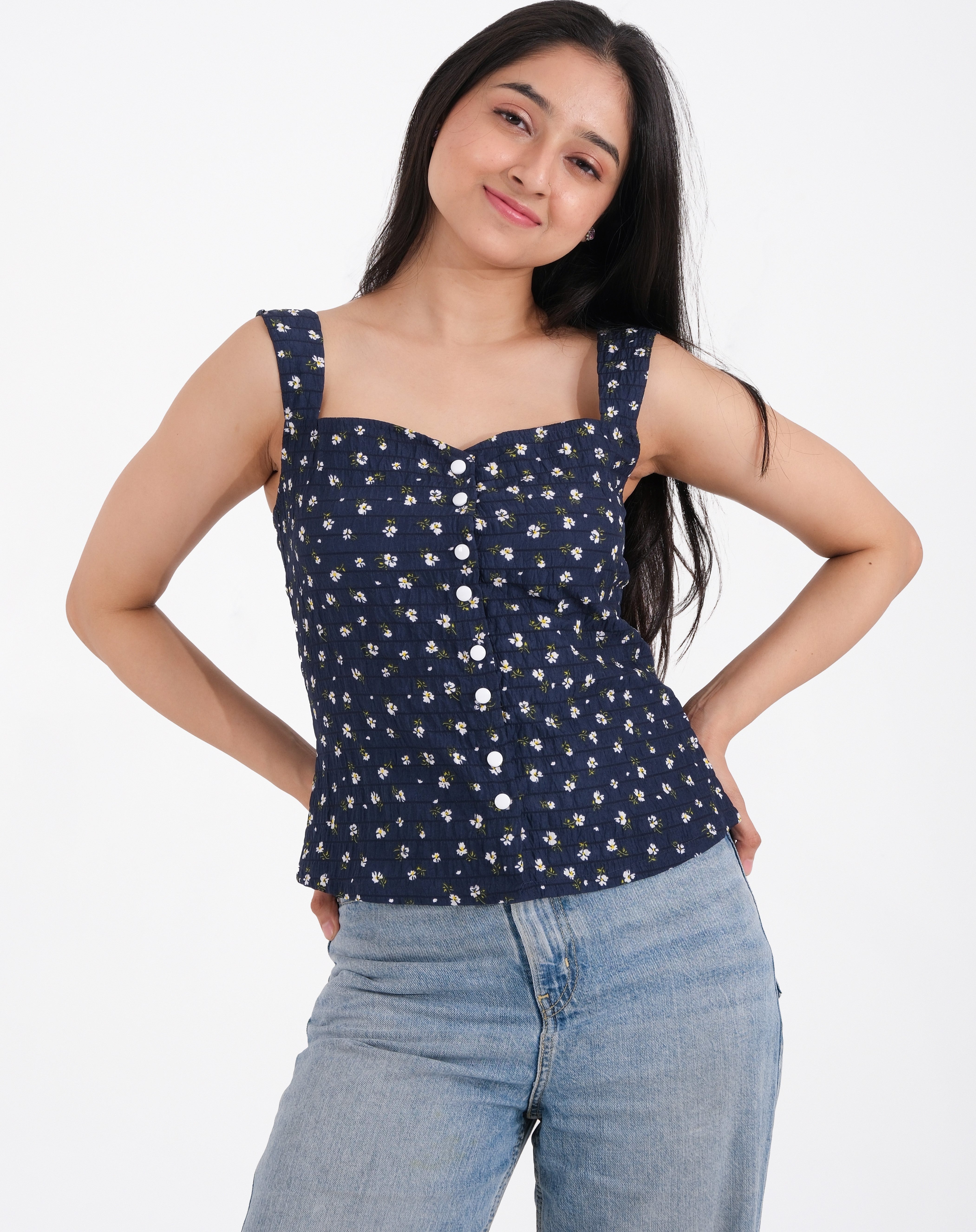 Elise Navy Blossom Button Crop Top