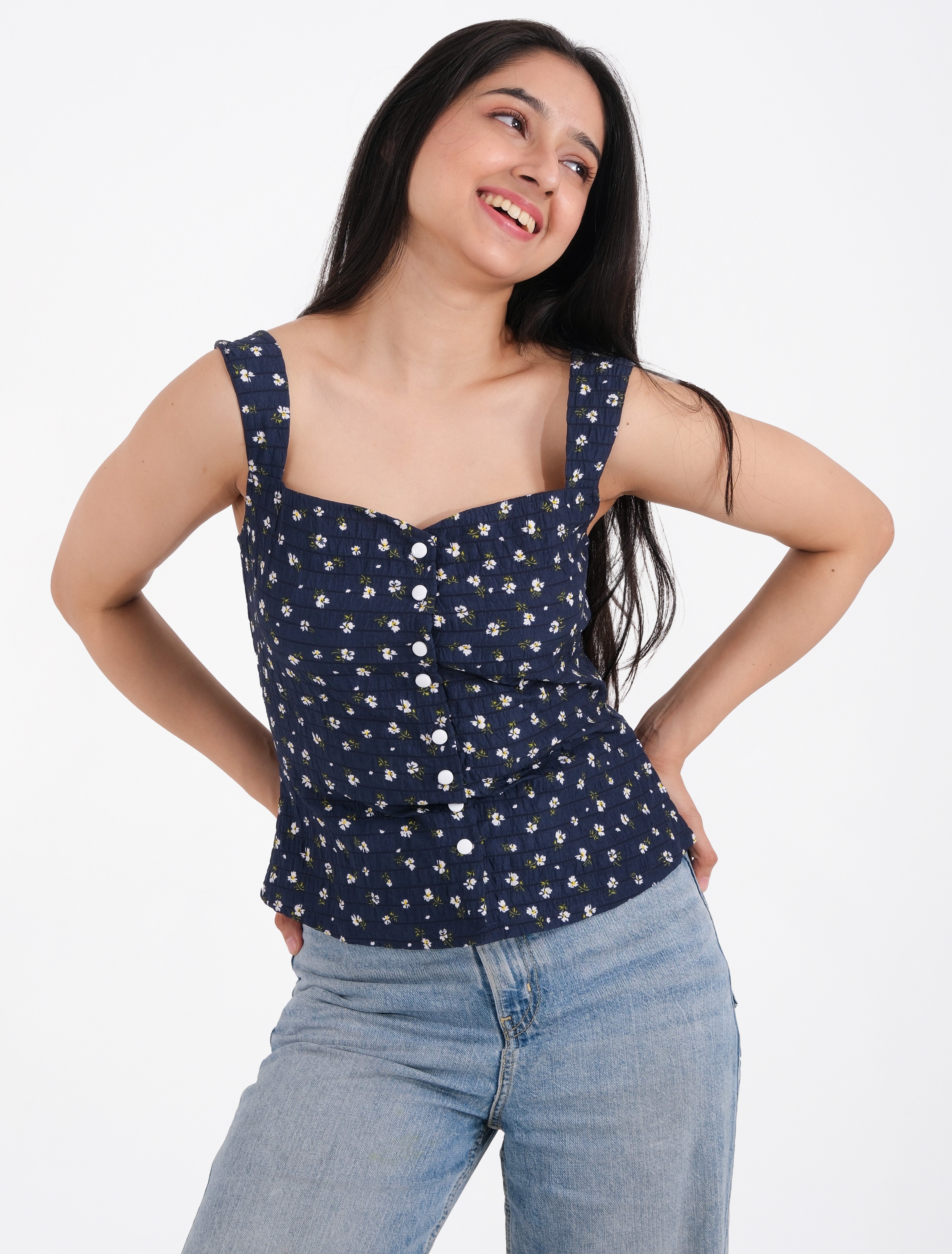 Elise Navy Blossom Button Crop Top