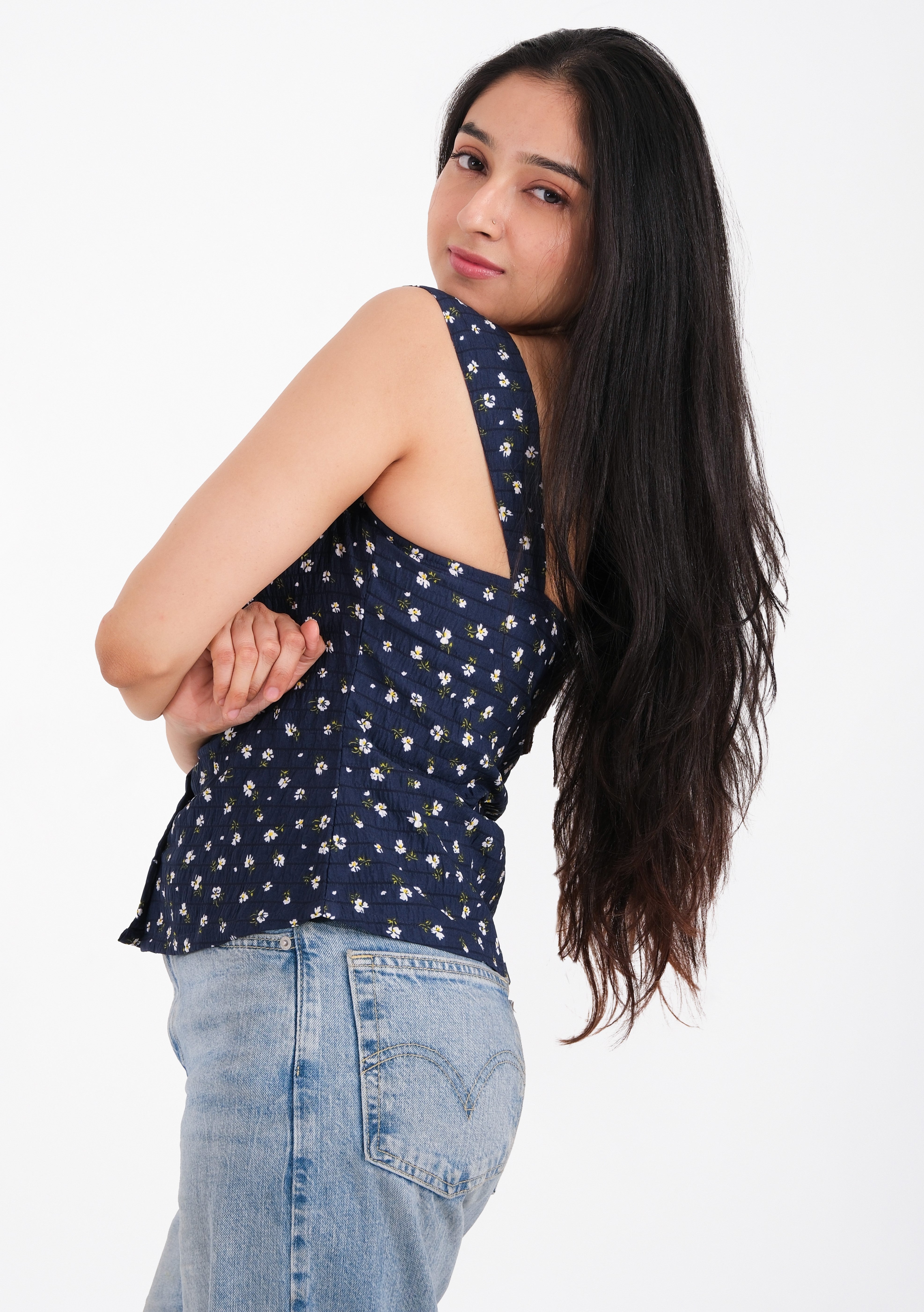 Elise Navy Blossom Button Crop Top