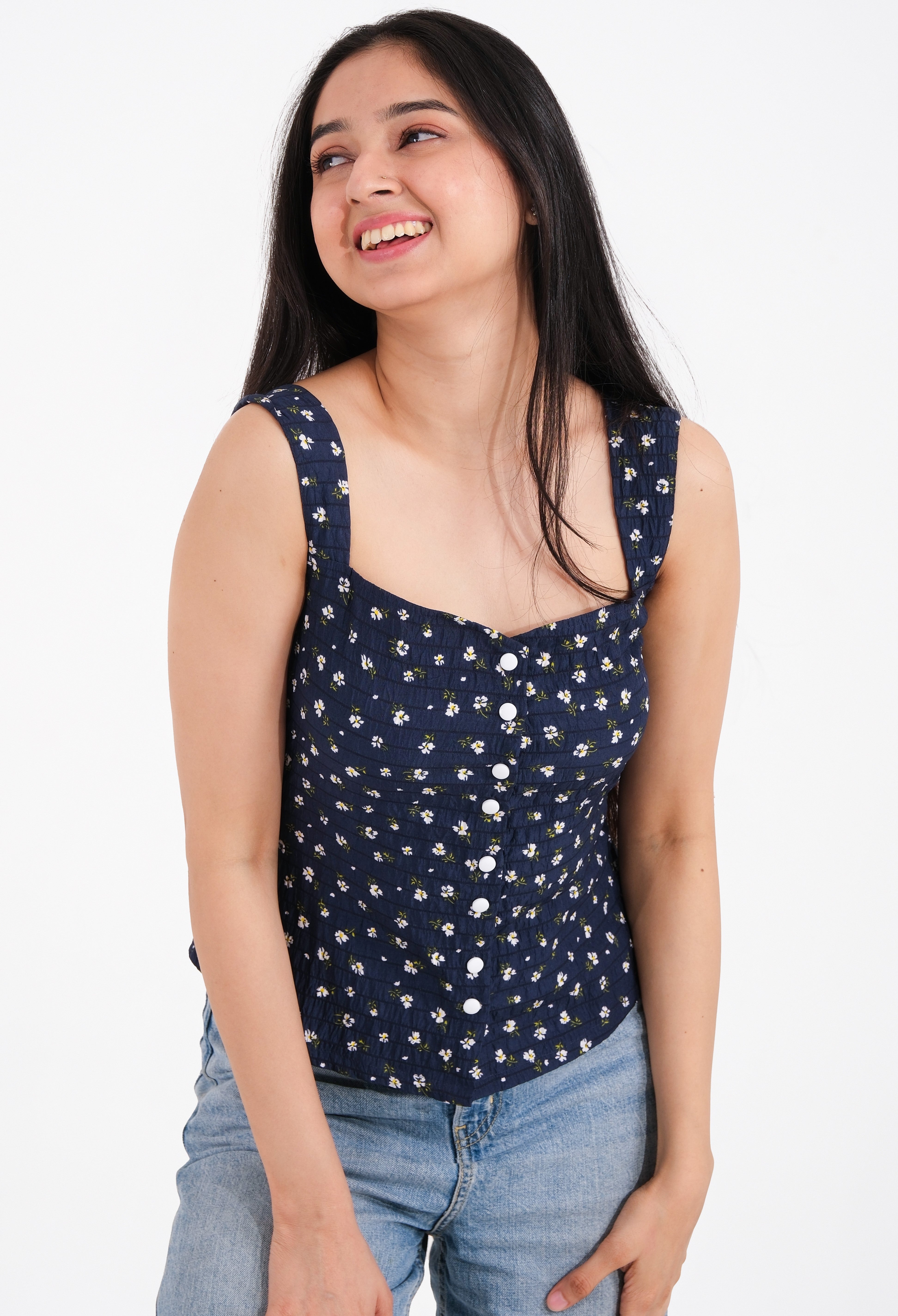 Elise Navy Blossom Button Crop Top