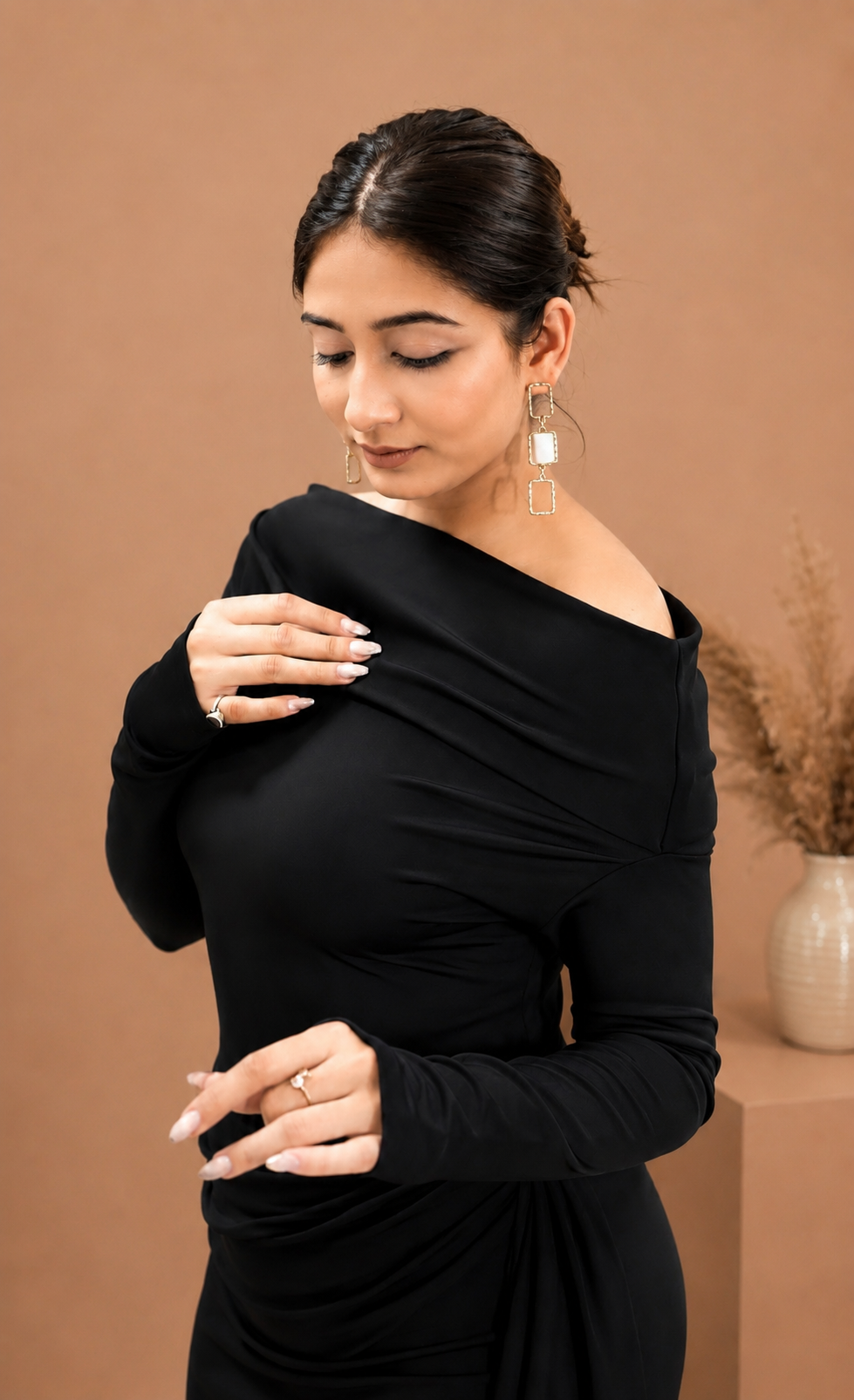 Aurelia Midnight Black Off-Shoulder Drape Dress