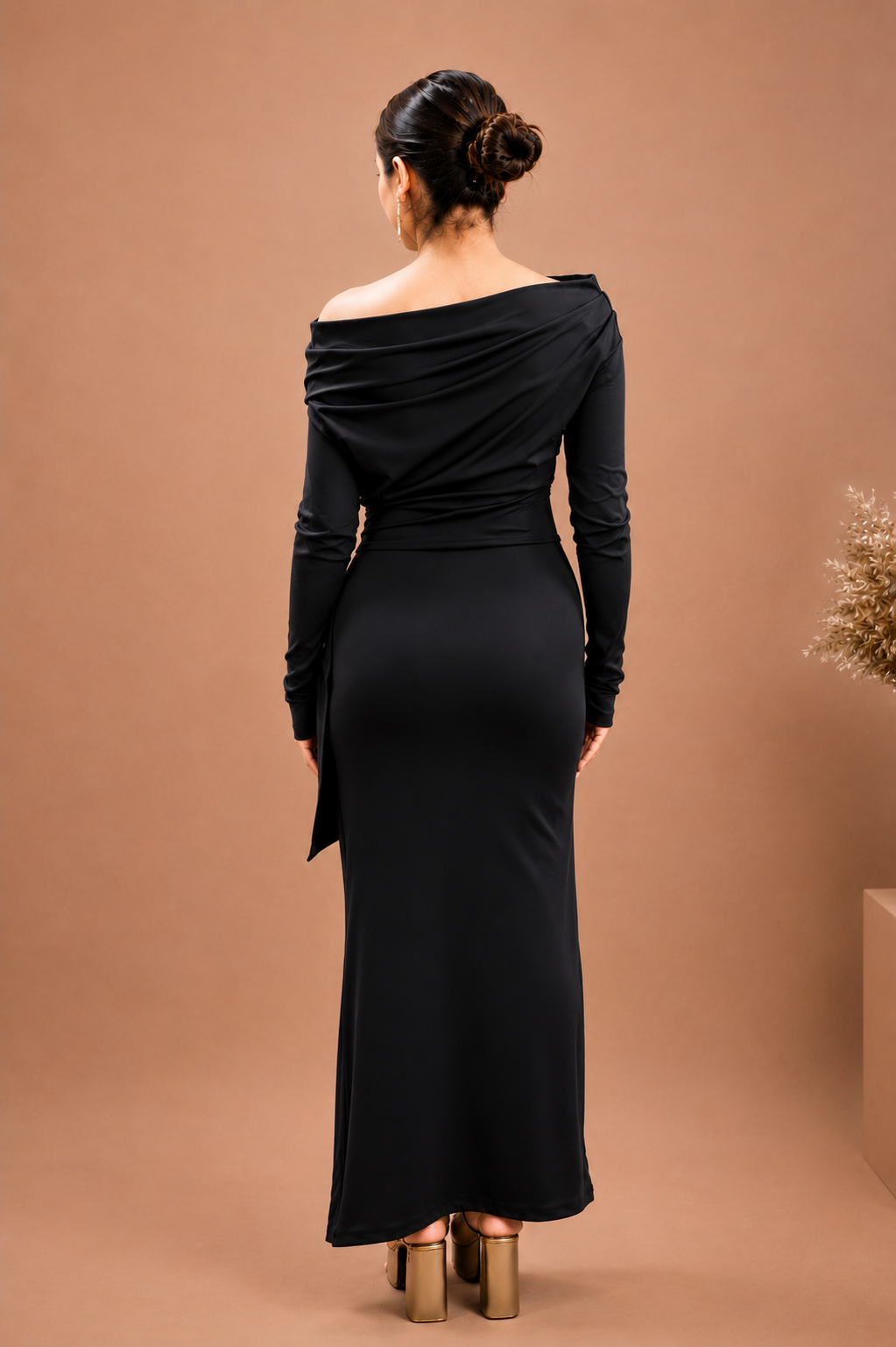 Aurelia Midnight Black Off-Shoulder Drape Dress