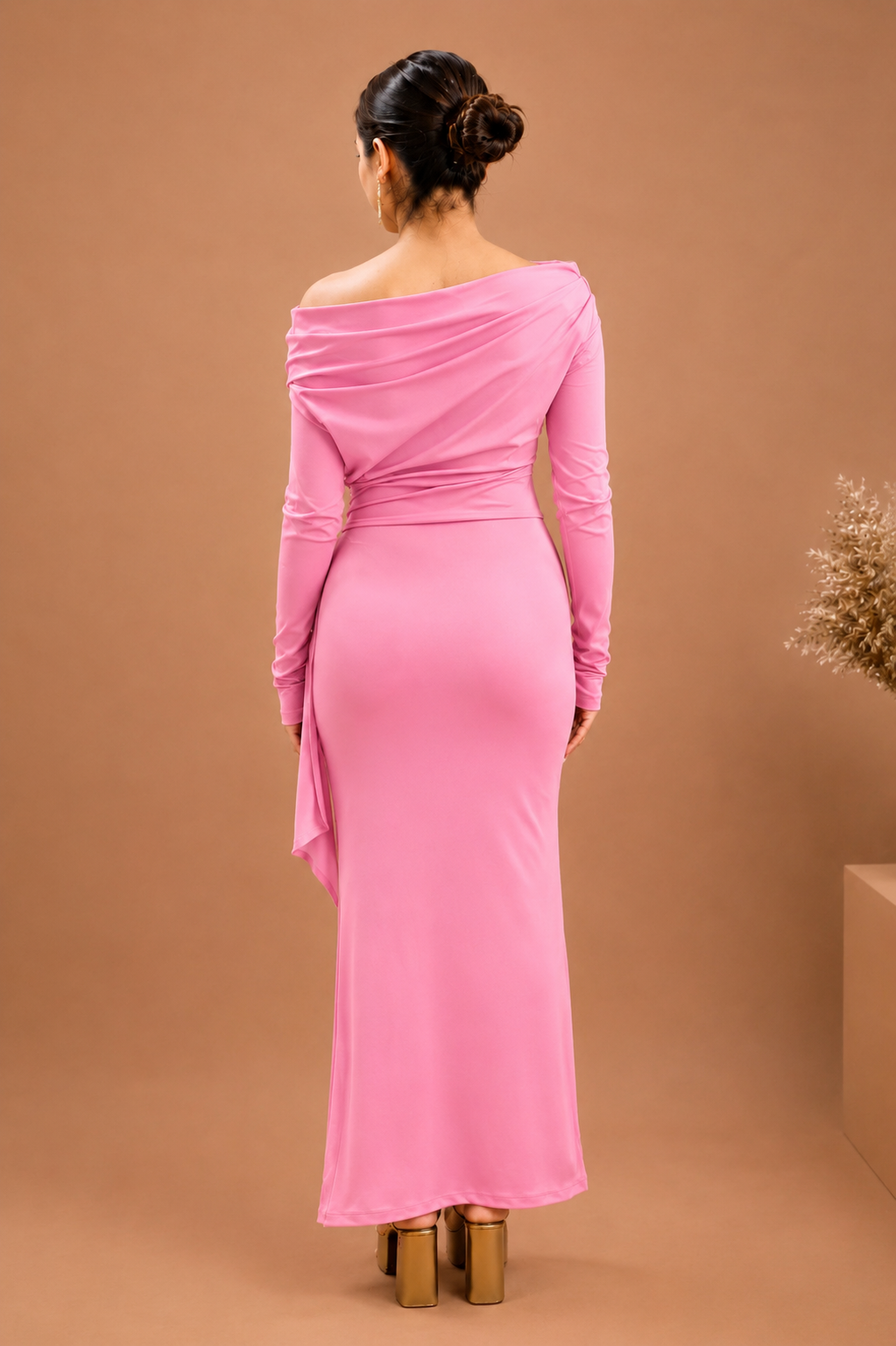 Aurelia Midnight Pink Off-Shoulder Drape Dress