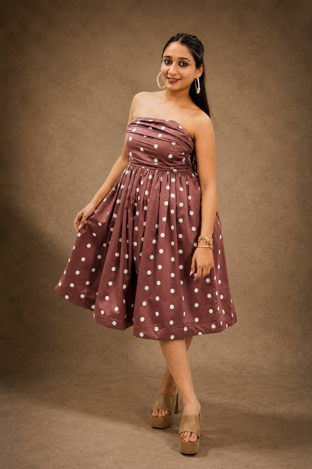 FELICITY Brown Polka Dot Bandeau Midi Dress