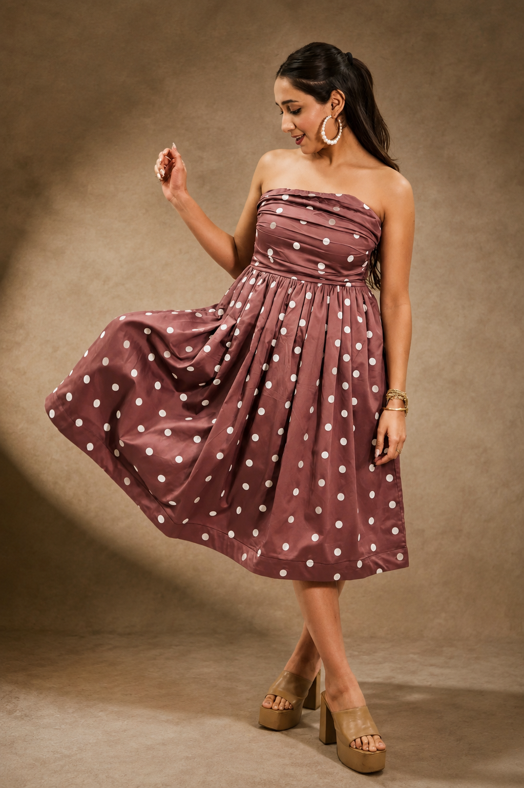 FELICITY Brown Polka Dot Bandeau Midi Dress