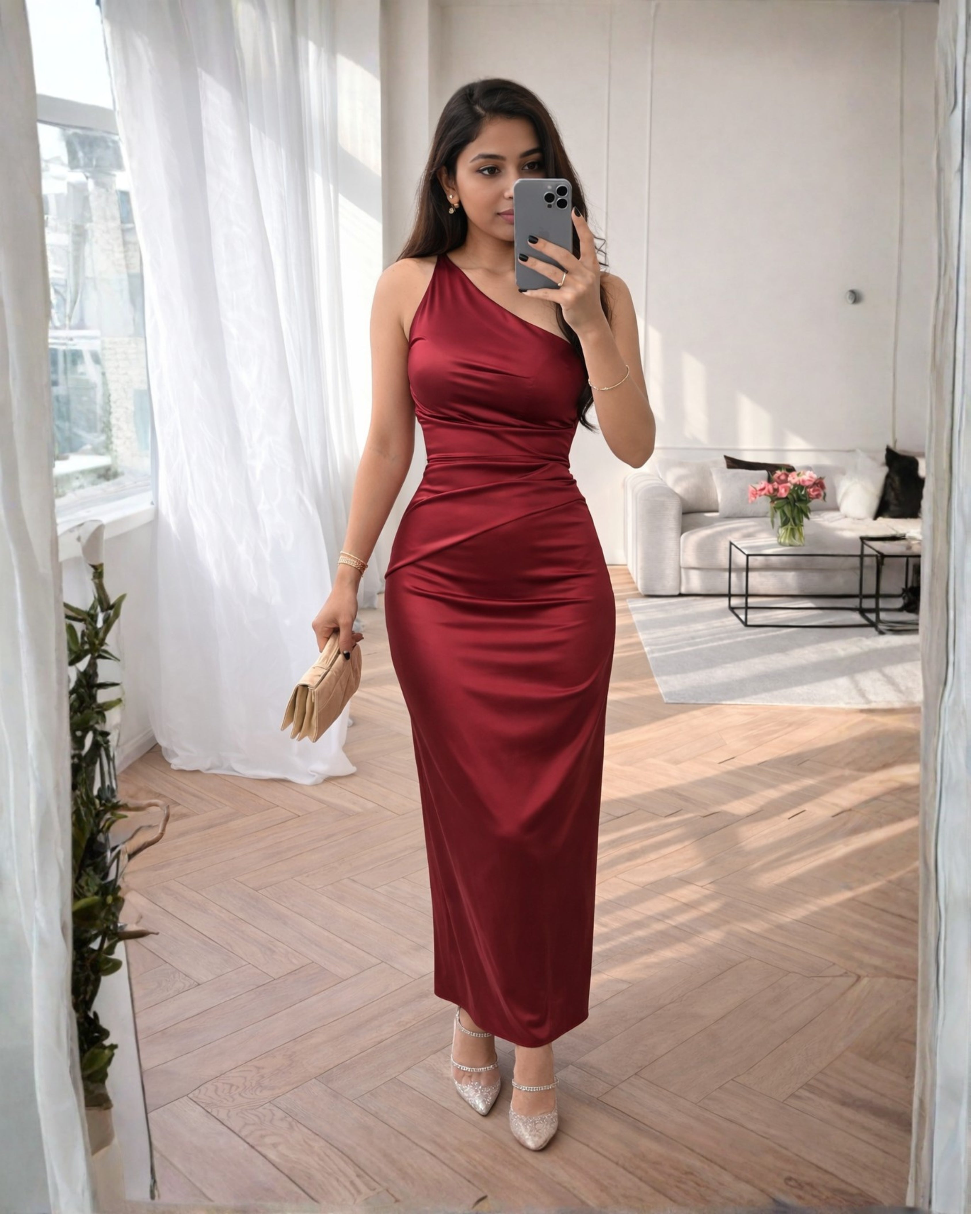 Scarlet Red Satin One-Shoulder Maxi Dress